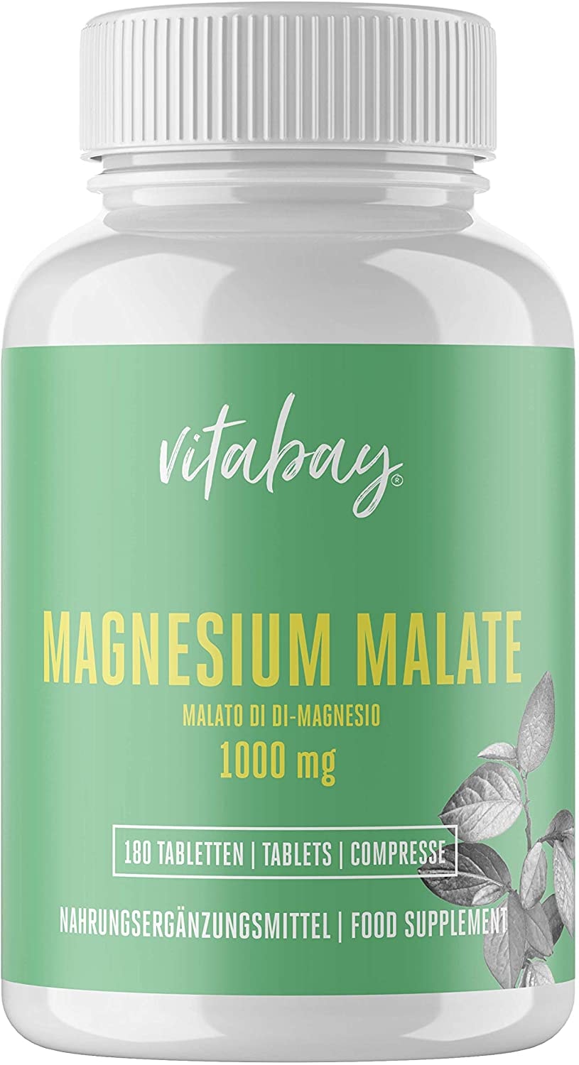 Produktbild von Vitabay - Magnesium Malat 1000 mg • 180 vegane Tabletten • Hochdosiert • Bioverfügbar • Frei von Gentechnik, Laktose und Gluten • Nano-frei • Made in Germany