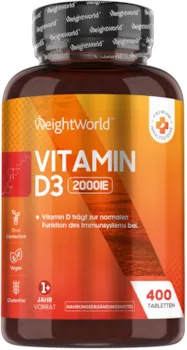 WeightWorld Vitamin D3 Tabletten - 2000 I.E. (1 Tablette/ 2 Tage) - 400 Stück reines Cholecalciferol - Sonnenvitamin D3 für Jung & Alt - Natürliche Inhaltsstoffe - Für Knochen, Zähne, Muskeln & das Immunsystem