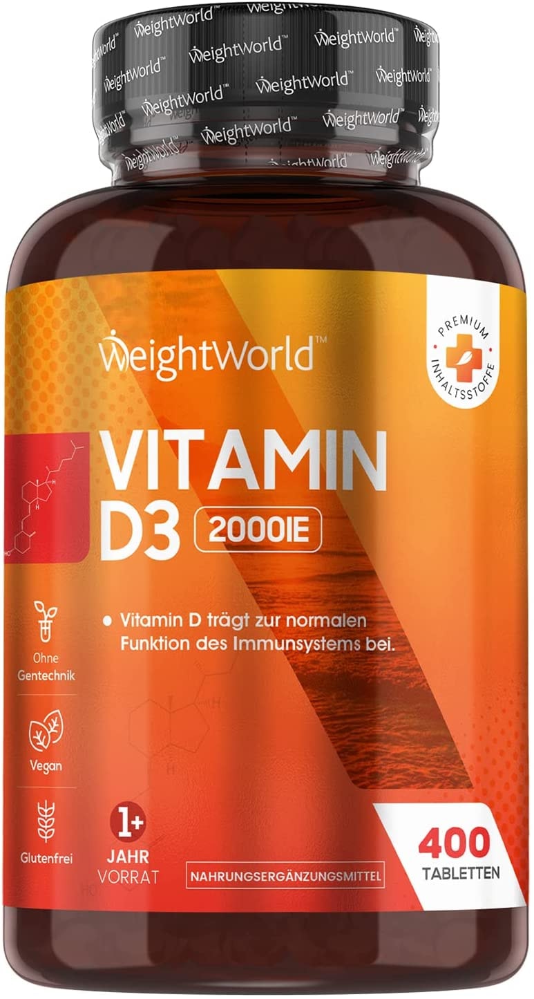 Produktbild von WeightWorld Vitamin D3 Tabletten - 2000 I.E. (1 Tablette/ 2 Tage) - 400 Stück reines Cholecalciferol - Sonnenvitamin D3 für Jung & Alt - Natürliche Inhaltsstoffe - Für Knochen, Zähne, Muskeln & das Immunsystem