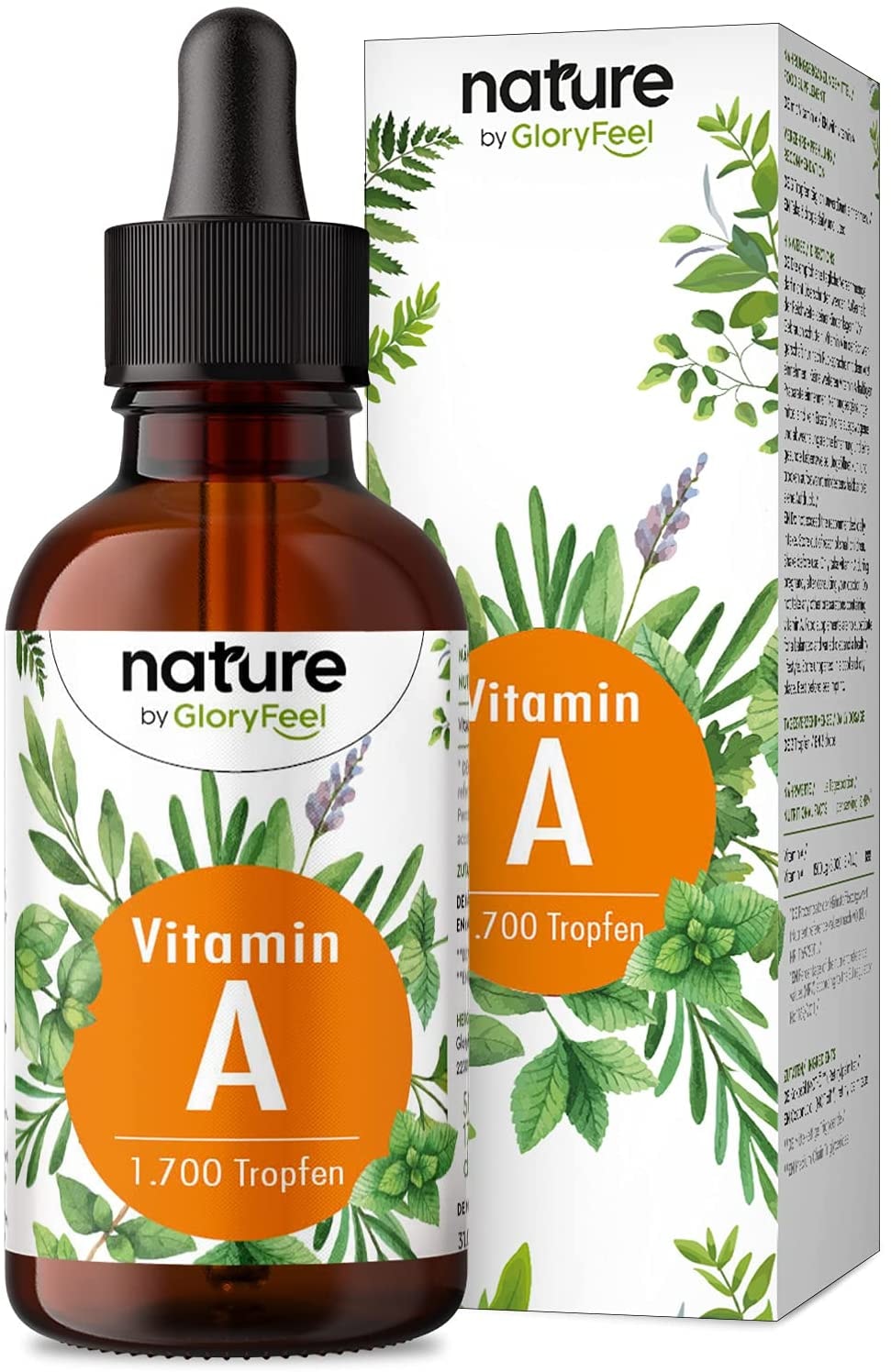 Produktbild von GloryFeel Vitamin A Tropfen hochdosiert - 5000 I.E (1500µg) pro Tagesdosis - 50ml (1700 Tropfen) echtes Vitamin A (Retinylpalmitat) in MCT-Öl gelöst - Laborgeprüft ohne Zusätze in Deutschland hergestellt