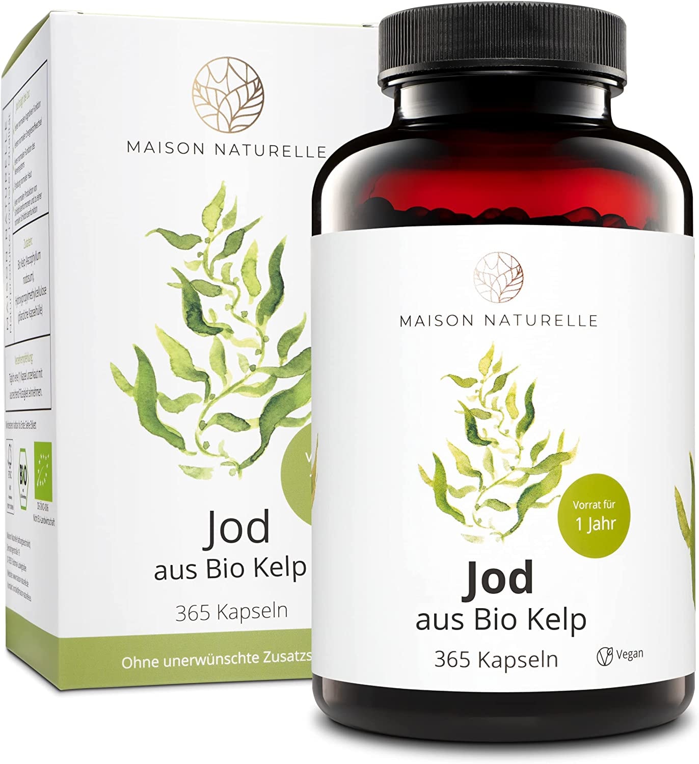 Produktbild von MAISON NATURELLE® Bio Kelp (Natürliches Jod) - 365 Kapseln - 200μg JOD je Kapsel - Kelp Braunalgen Kelp Vegan Jod Kelp Organic Kelp Kelpalge Jod Algen Kapseln