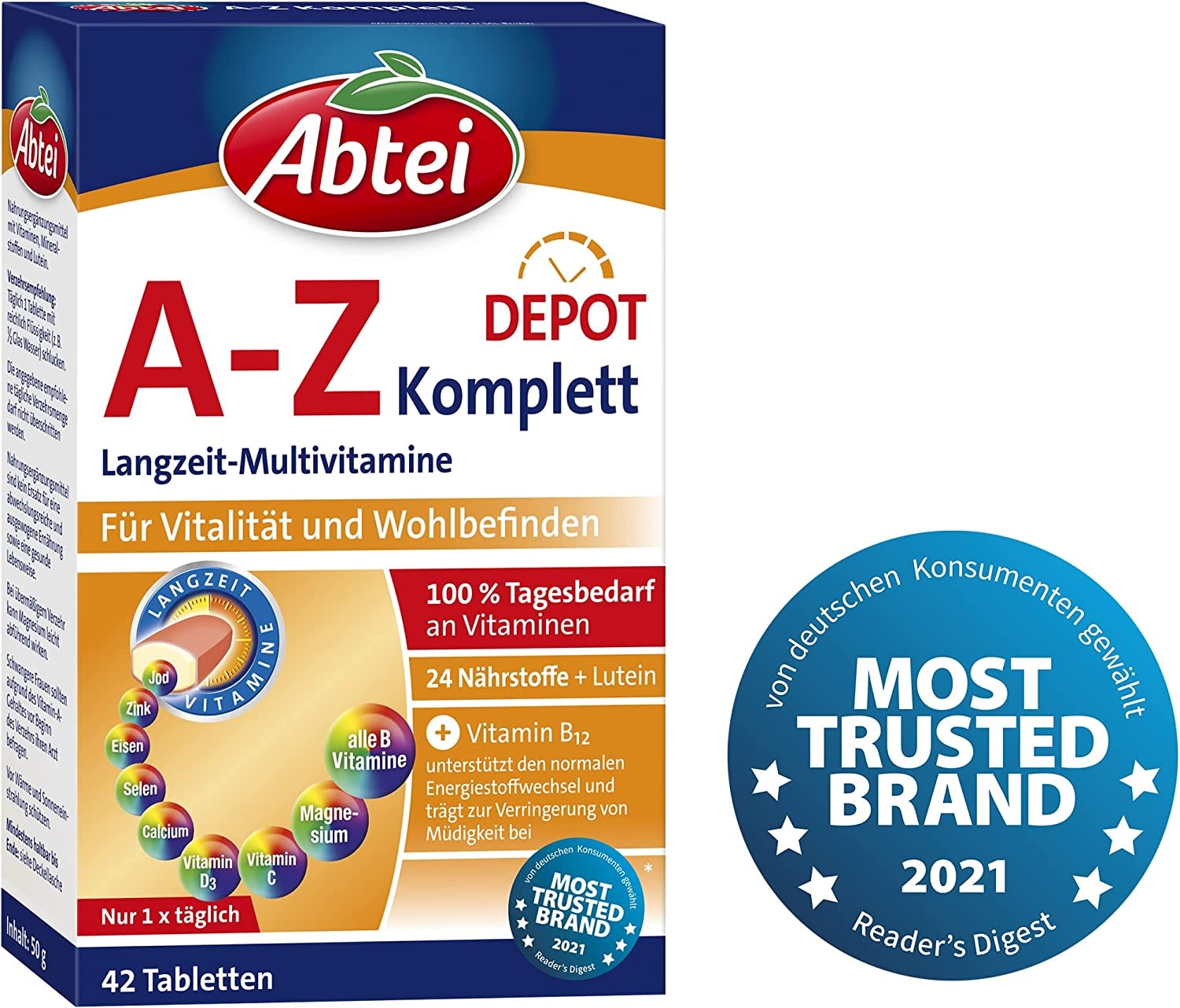 Produktbild von Bewertung Abtei A-Z Depot Komplett Langzeit Multivitamine hochdosiertes Nahrungsergänzungsmittel für Vitalität und Wohlbefinden mit 24 Nährstoffen - mit Vitamin B12 und Lutein - 1 x 42 Tabletten