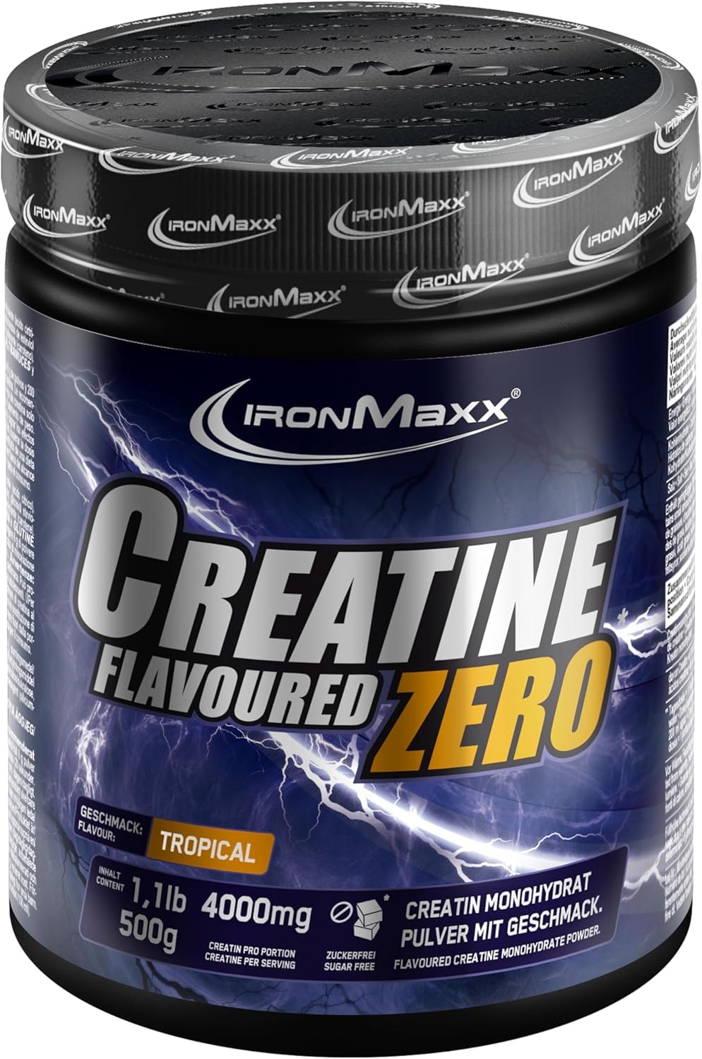 Produktbild von Bewertung IronMaxx Creatine Powder Flavoured Zero Tropical 500g Dose hochdosiert mit 4500mg Kreatin Monohydrat pro Portion vegan und zuckerfrei