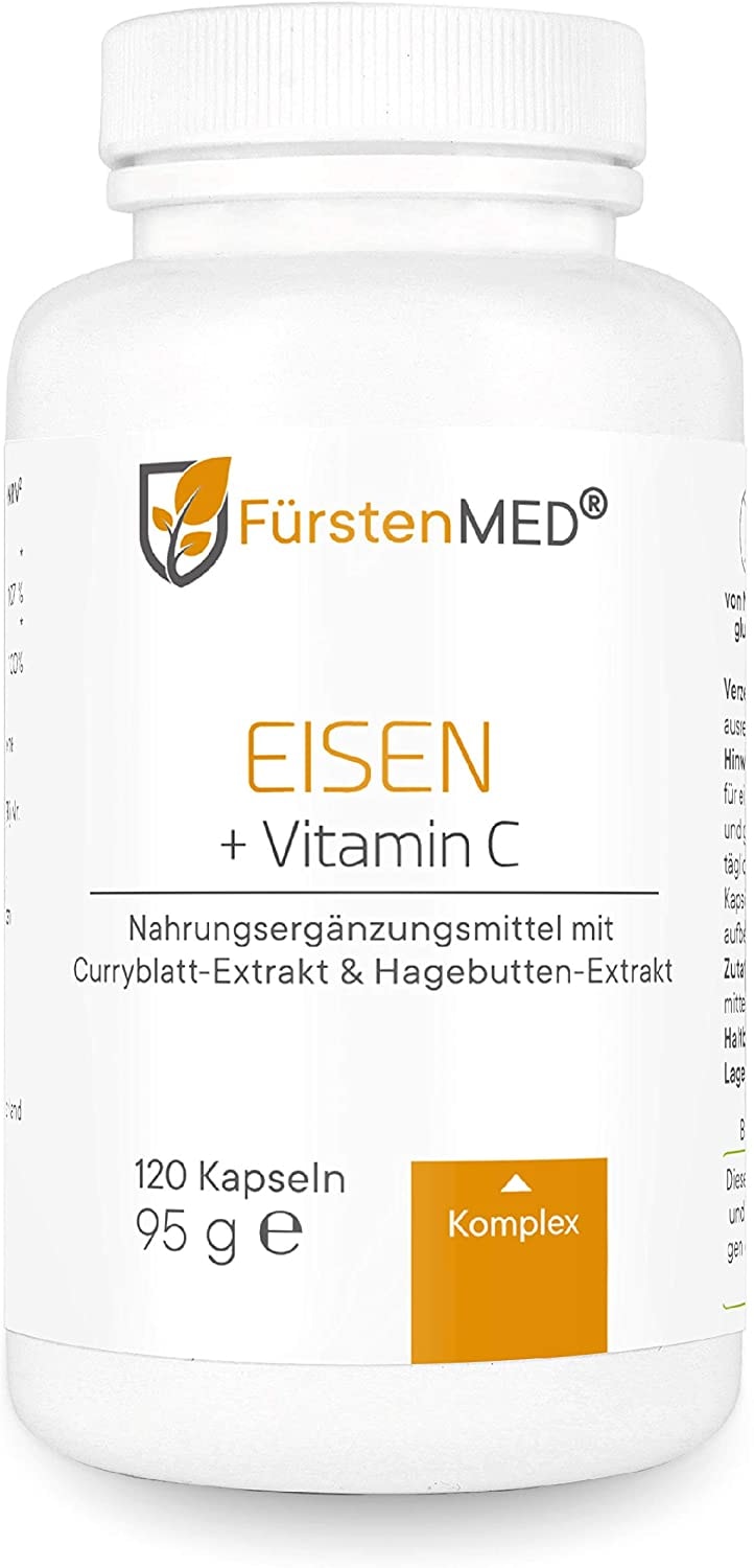 Produktbild von FürstenMED Natürliches Eisen Vitamin C, 120 Kapseln Vegan Curryblatt & Hagebutte, 15-30mg reines Eisen & 80-160mg Vitamin C pro Tagesdosis, Laborgeprüft & ohne Zusätze