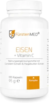 Produktbild von FürstenMED Natürliches Eisen Vitamin C, 120 Kapseln Vegan Curryblatt & Hagebutte, 15-30mg reines Eisen & 80-160mg Vitamin C pro Tagesdosis, Laborgeprüft & ohne Zusätze