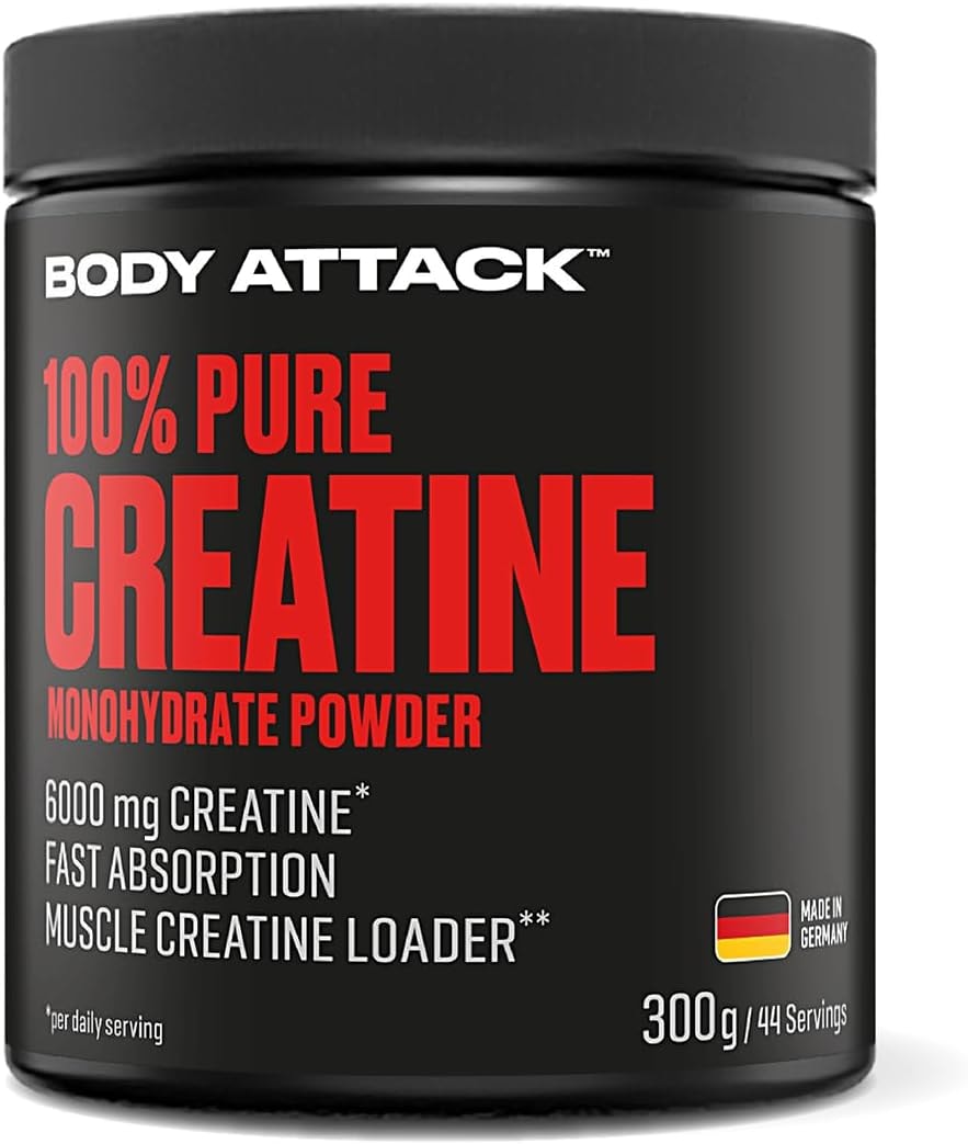 Produktbild von Bewertung Body Attack Creatin Monohydrat 300g Pulver Made in Germany Reines Kreatin Monohydrat Pulver zum Selbstdosieren mikrofein mit optimaler Löslichkeit vegan, Produkt der Kölner Liste