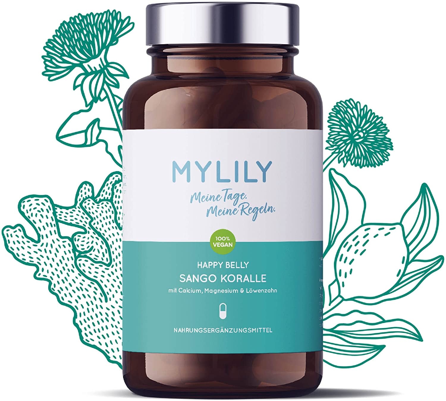 Produktbild von MYLILY Veganes Magnesium I Happy Belly I 100% VEGAN & PFLANZLICH I Meeres Magnesium I Natürliches Calcium aus Sango Meereskoralle I Hohe Bioverfügbarkeit I 90 Kapseln I Nachhaltige Glasflasche