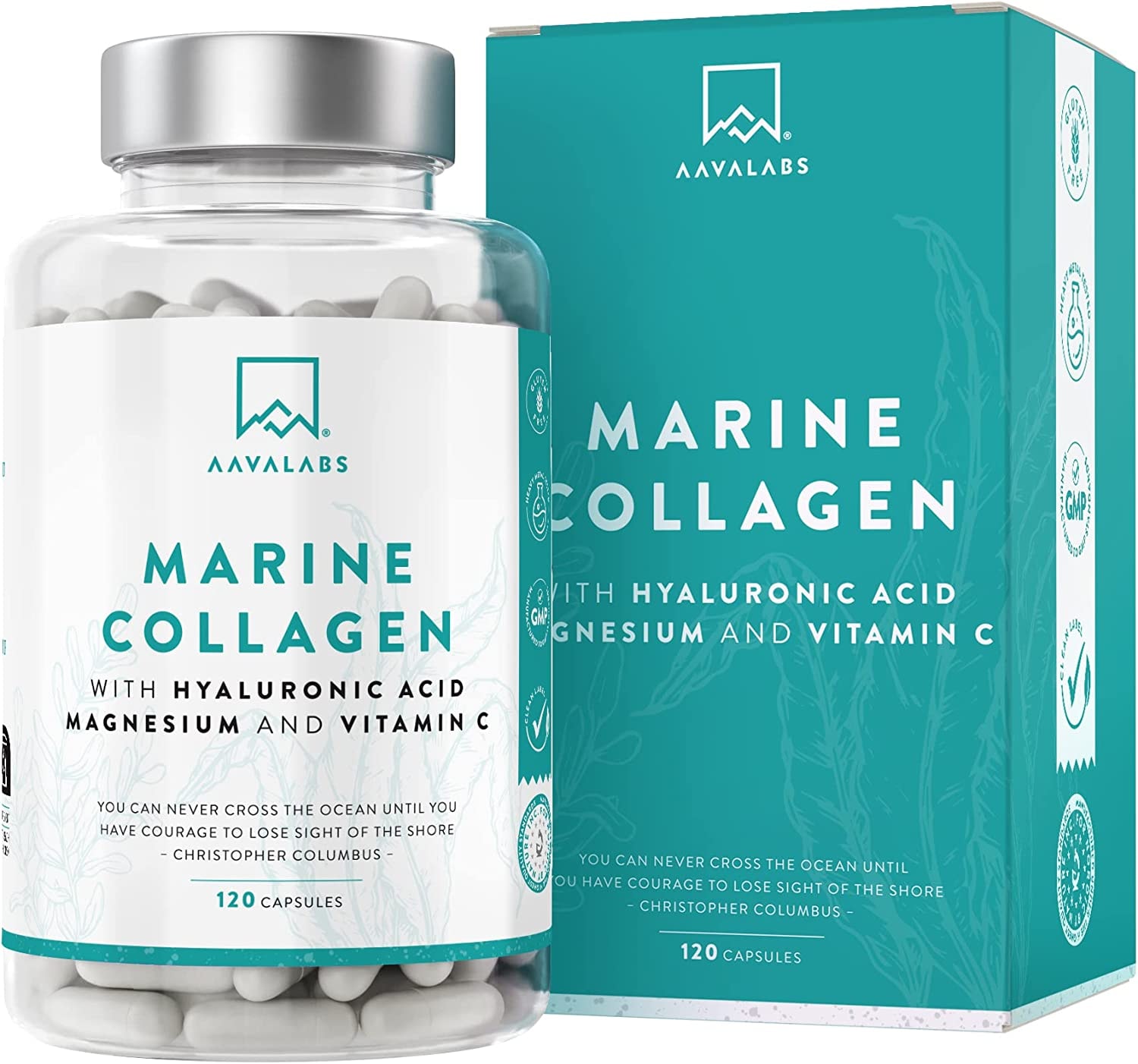 Produktbild von AAVALABS - Marine Collagen Kapseln Hochdosiert mit Acerola Vitamin C, Magnesium & Hyaluronsäure - Premium Collagen Complex mit Kollagen Hydrolysat - Laborgeprüft - 120 Hyaluron Kollagen Kapseln Hochdosiert
