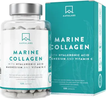 Produktbild von AAVALABS - Marine Collagen Kapseln Hochdosiert mit Acerola Vitamin C, Magnesium & Hyaluronsäure - Premium Collagen Complex mit Kollagen Hydrolysat - Laborgeprüft - 120 Hyaluron Kollagen Kapseln Hochdosiert