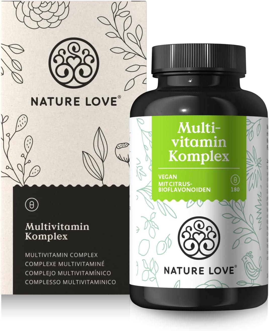 Produktbild von Bewertung NATURE LOVE Multivitamin Komplex 180 vegane Kapseln Vitamine A-Z Mineralstoffe mit Grünteeextrakt und Citrus Bioflavonoiden hochdosiert und mit Bioaktiv-Formen laborgeprüft ohne unnötige Zusätze