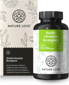 Produktbild von Bewertung NATURE LOVE Multivitamin Komplex 180 vegane Kapseln Vitamine A-Z Mineralstoffe mit Grünteeextrakt und Citrus Bioflavonoiden hochdosiert und mit Bioaktiv-Formen laborgeprüft ohne unnötige Zusätze