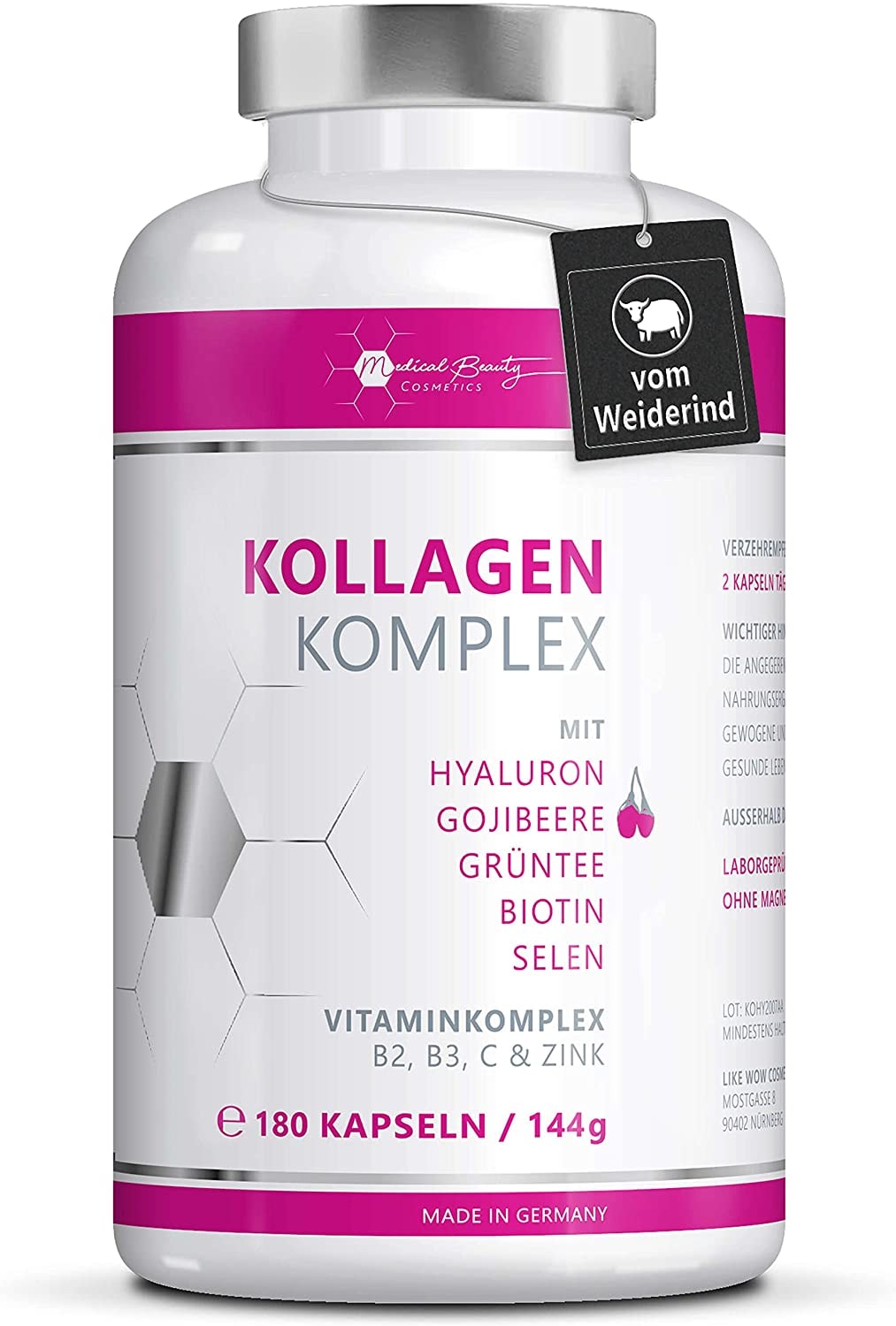 Produktbild von Bewertung Medical Beauty Cosmetics Premium Kollagen Hyaluron Kapseln mit Superfood Gojibeere und Grüntee - 180 Kollagen Kapseln vom Weiderind. 1000mg Kollagen Hydrolysat, Biotin, Selen, Zink, Vitamine C, B2, B3