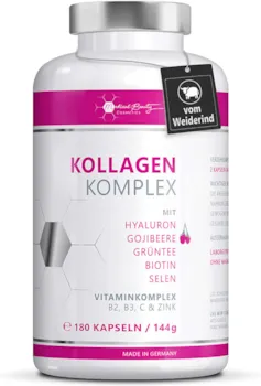 Produktbild von Bewertung Medical Beauty Cosmetics Premium Kollagen Hyaluron Kapseln mit Superfood Gojibeere und Grüntee - 180 Kollagen Kapseln vom Weiderind. 1000mg Kollagen Hydrolysat, Biotin, Selen, Zink, Vitamine C, B2, B3