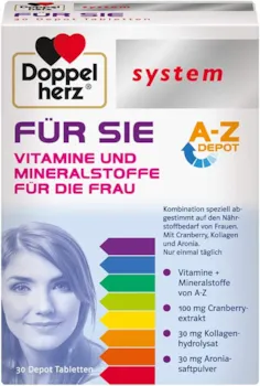 Produktbild von Doppelherz system FÜR SIE – Multivitamin, Mineralstoffe und Spurenelemente – abgestimmt auf den Nährstoffbedarf der Frau – 30 Tabletten