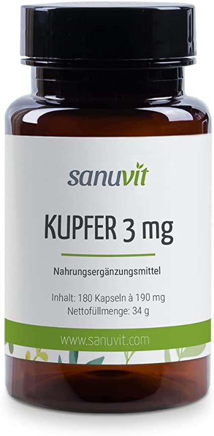 Produktbild von Sanuvit Kupfer 3 mg 180 Kapseln Qualität aus Österreich Kupfercitrat hochdosiert mit 3 mg hochwertigen Kupfer pro Kapsel | Hohe Bioverfügbarkeit | Vegan