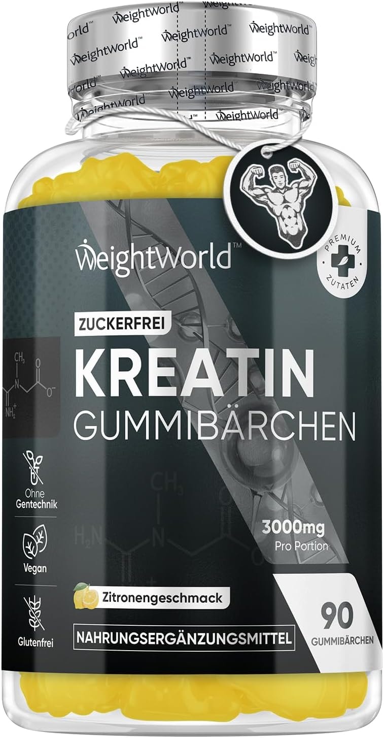 Produktbild von Bewertung WeightWorld Creatin Monohydrate 3000mg Kreatin pro Portion 90 Gummibärchen ohne Zucker mit Zitronengeschmack Vegane Gummies von WeightWorld