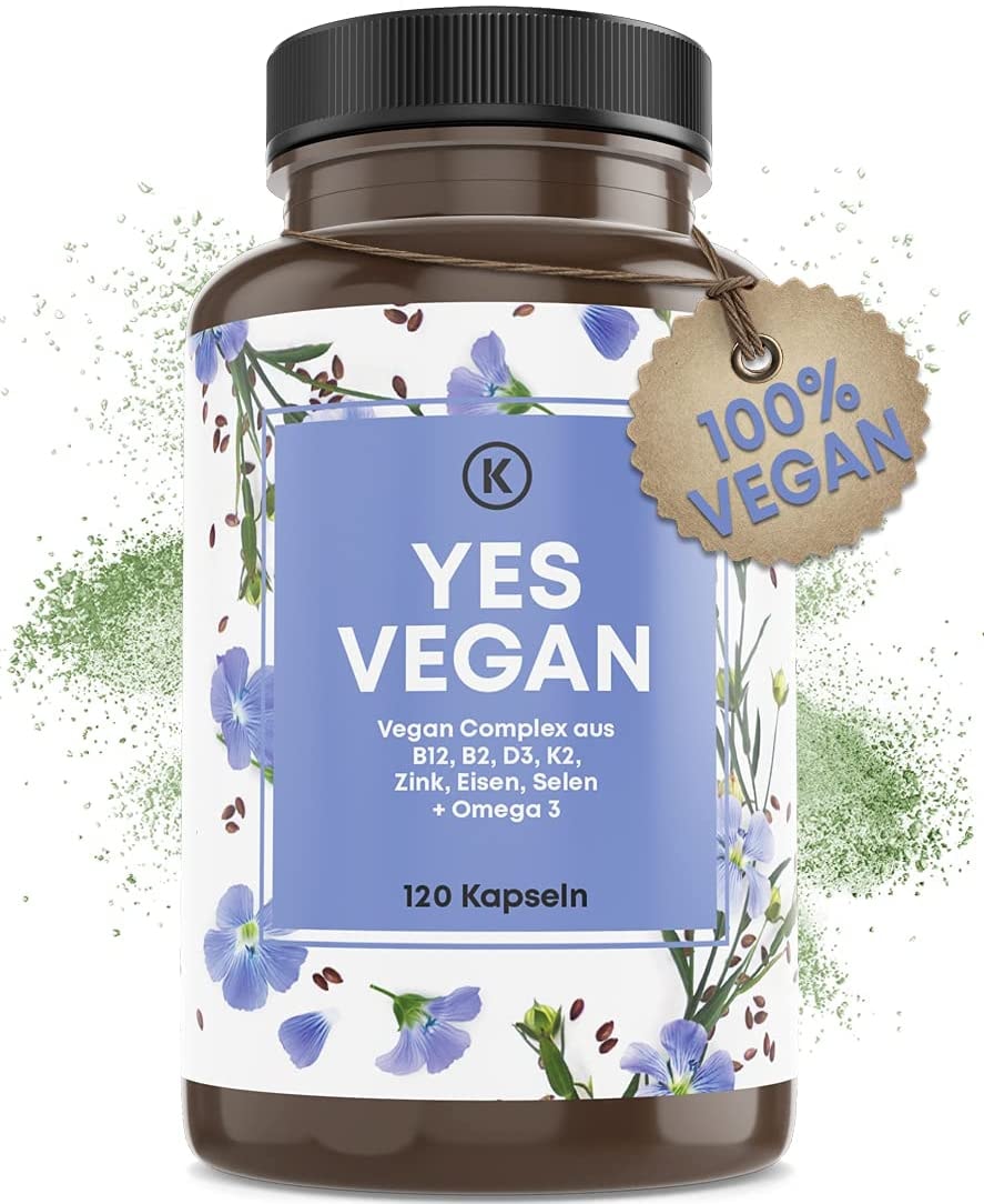 Produktbild von Yes Vegan Complex - Vitamin B12 K2 D3 Eisen Zink Selen und Omega 3 - 120 Kapseln - speziell für Vegetarier und - Geschenke - Supplements (1 Stück)