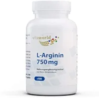 Produktbild von Bewertung Vita World L-Arginin 750mg 2250mg Tagesdosis 100% natürlich Fermentation 100 vegetarische Kapseln hoher Reinheitsgrad basisch