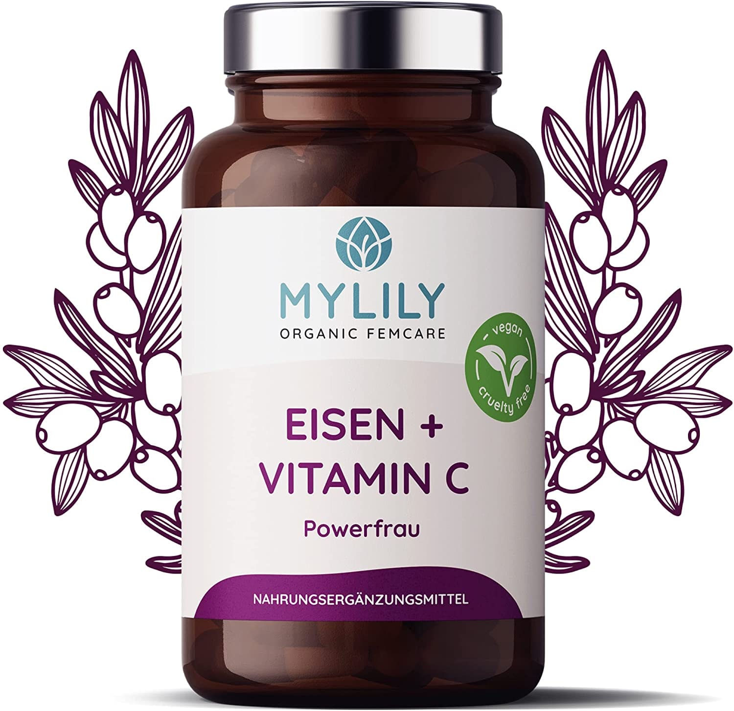 Produktbild von MYLILY Eisen & Vitamin C I Powerfrau I 100% VEGAN I PFLANZLICH aus natürlichem Sandorn Extrakt I 90 Kapseln I Hohe Bioverfügbarkeit I Nachhaltige Glasflasche | Deckt den Tagesbedarf