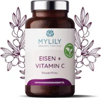 Produktbild von MYLILY Eisen & Vitamin C I Powerfrau I 100% VEGAN I PFLANZLICH aus natürlichem Sandorn Extrakt I 90 Kapseln I Hohe Bioverfügbarkeit I Nachhaltige Glasflasche | Deckt den Tagesbedarf