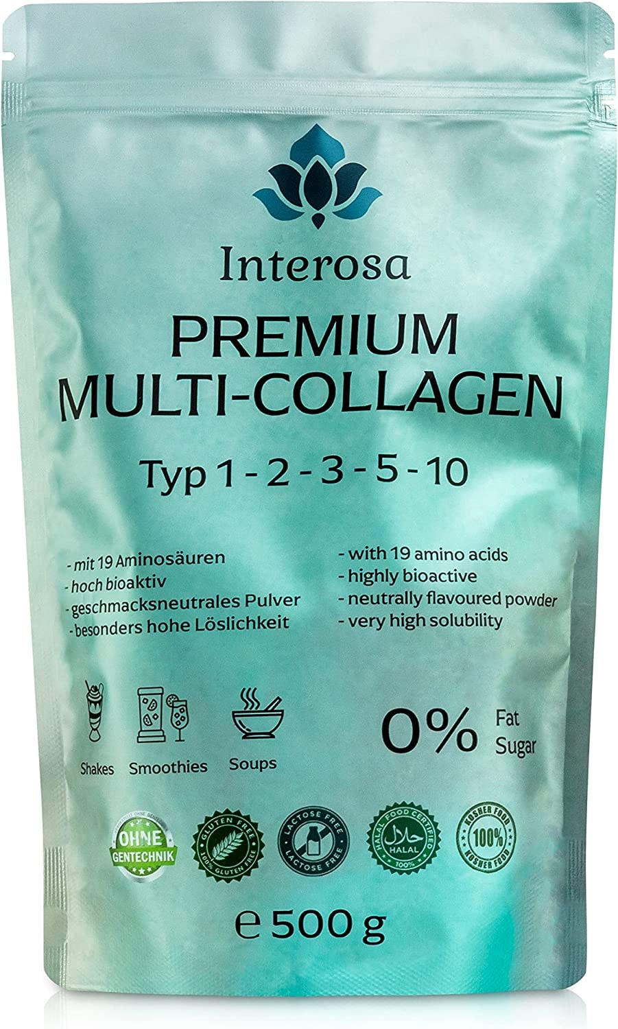 Produktbild von Bewertungsergebnis INTEROSA Collagen Pulver Kollagen Peptide Typ 1 2 3 5 10 Premium Collagen Complex geschmacksneutral Hydrolysat Protein super löslich 500 g