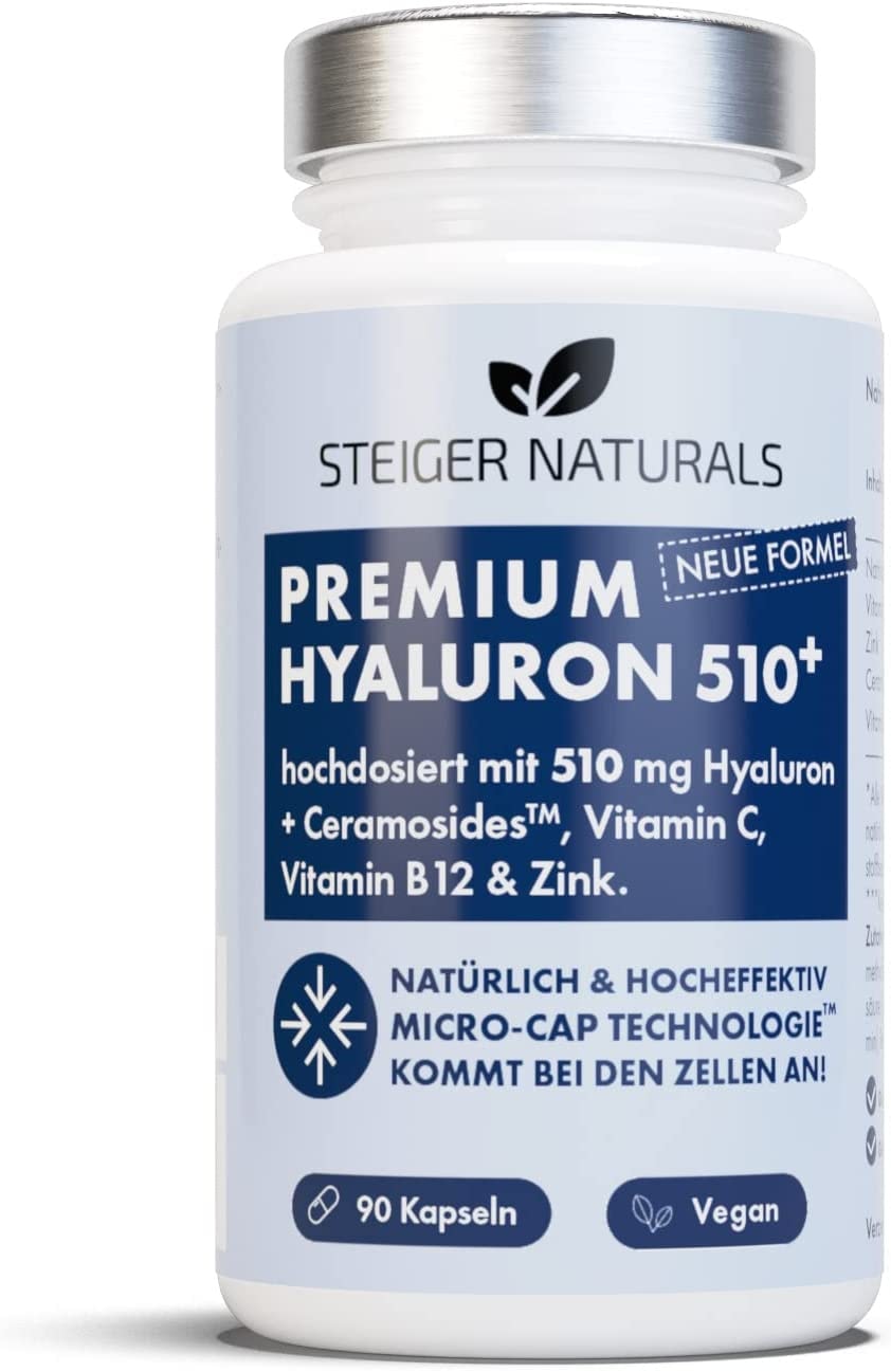 Produktbild von STEIGER NATURALS Hyaluronsäure Kapseln 500-700 kDa mit Ceramiden und Vitamin C, B12, Zink. Hochdosiert 510 mg, 90 Stück (3 Monate). Hyaluron Kapseln Vegan