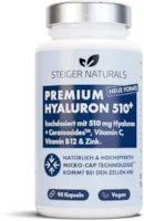 Produktbild von STEIGER NATURALS Hyaluronsäure Kapseln 500-700 kDa mit Ceramiden und Vitamin C, B12, Zink. Hochdosiert 510 mg, 90 Stück (3 Monate). Hyaluron Kapseln Vegan