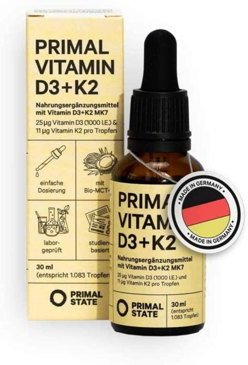 Produktbild von Primal State Vitamin D3 K2 1150 Tropfen 1000 I.E. je Tropfen Vitamin D flüssig in BIO MCT Öl aus Kokos hohe Bioverfügbarkeit