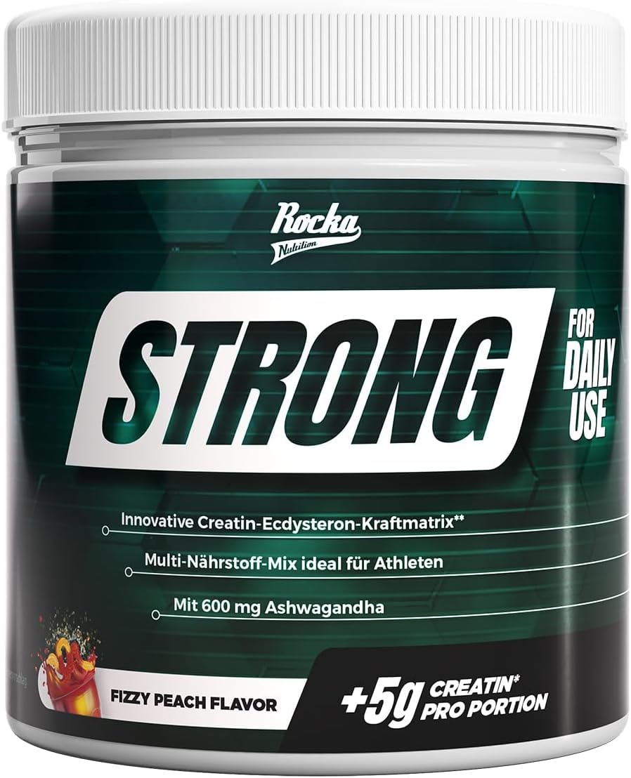 Produktbild von Bewertung Rocka Nutrition Strong Multi-Nährstoff-Mix mit Creatin Ashwagandha Vitamin K2 D3 Magnesium Zink Veganes Kraft Performance Supplement 100% Geschmack 330 g Fizzy Peach