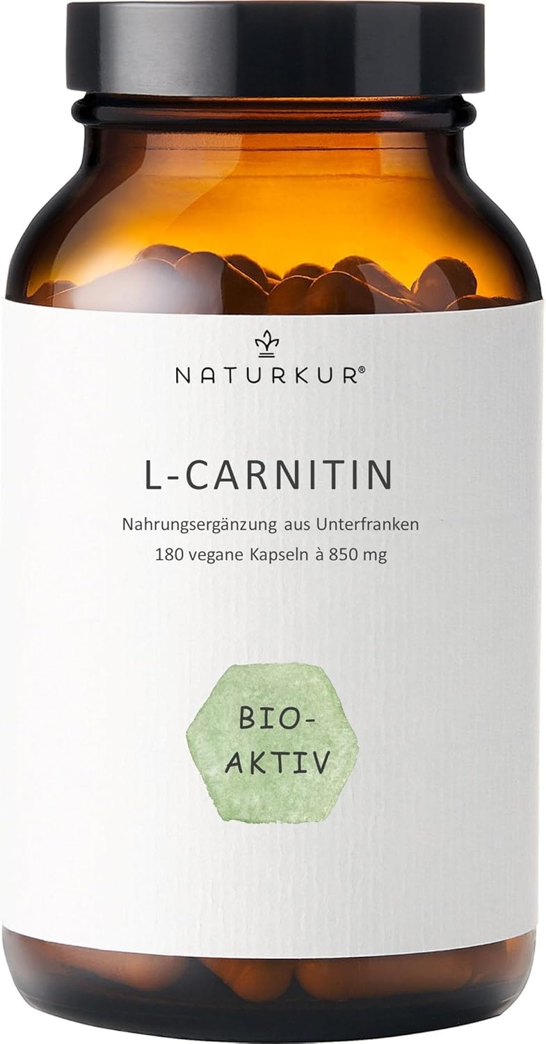 Produktbild von Bewertung Naturkur L-Carnitin 850mg 3400mg Tagesportion 180 vegane Kapseln im Apothekerglas laborgeprüft ohne Zusatzstoffe hergestellt in Unterfranken