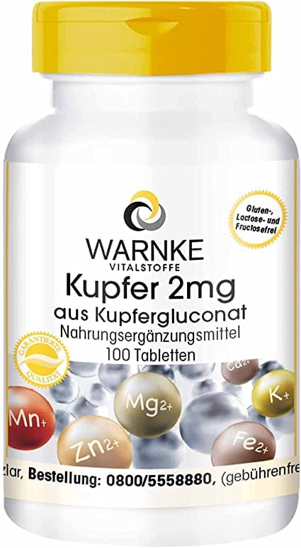 Produktbild von WARNKE VITALSTOFFE Kupfer 2mg aus Kupfergluconat vegan 100 Tabletten