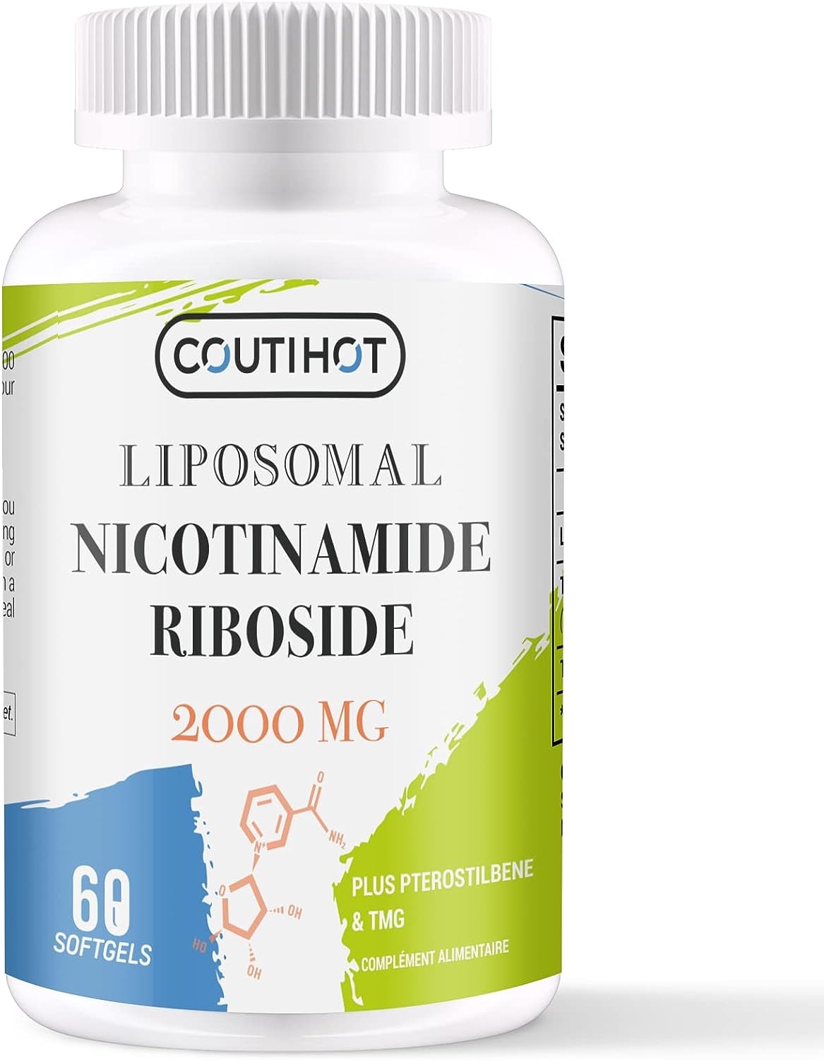 Produktbild von Bewertung COUTIHOT Liposomales Nicotinamid Ribosid mit TMG und Trans-Pterostilben NAD+ Steigerung Longevity AntiAging hochwirksames 2000 mg ultrareines NR-Supplement zur Steigerung von NAD+