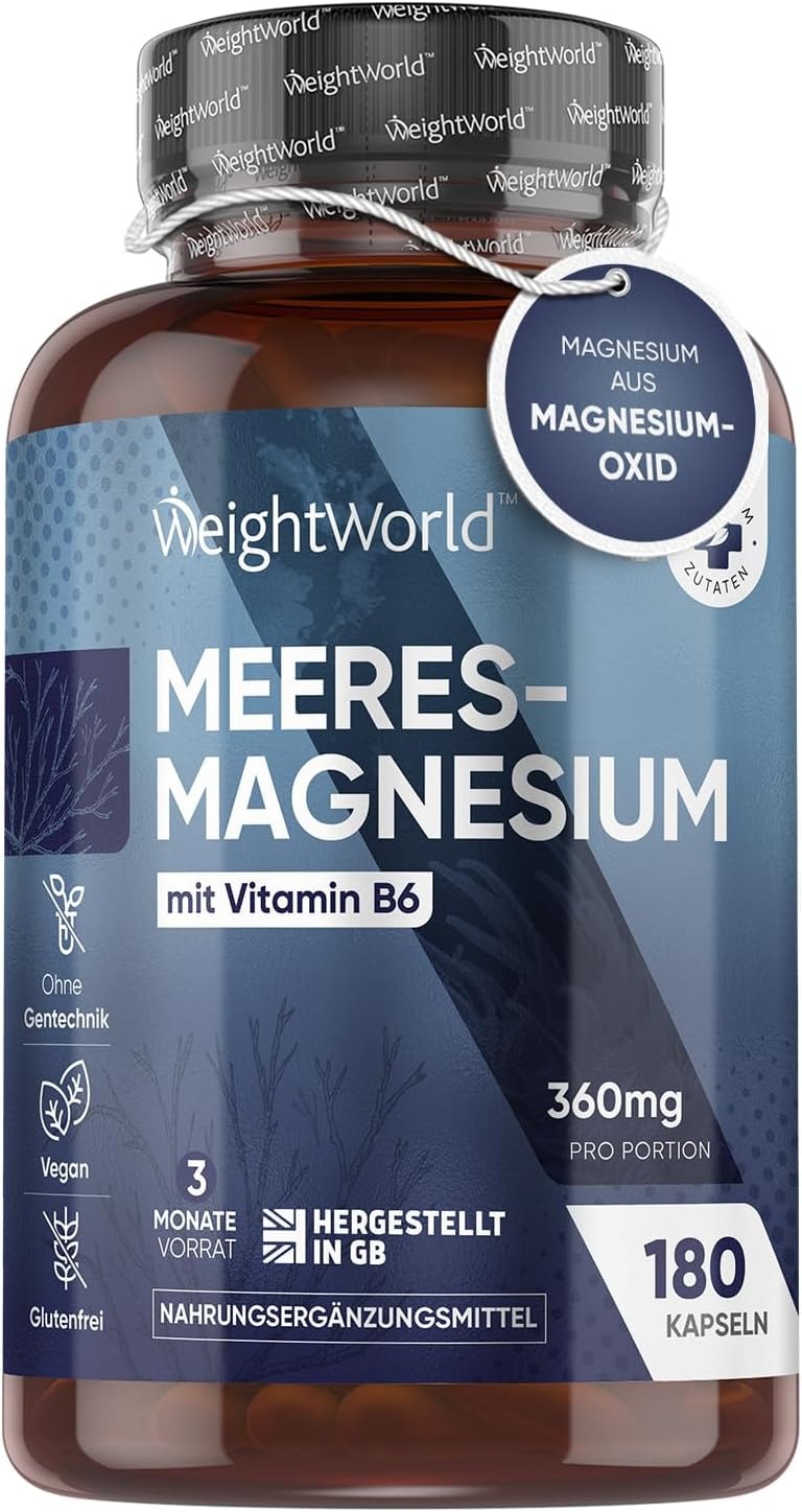 Produktbild von Bewertung WeightWorld Magnesium als Magnesiumoxid 180 Meeres-Magnesium Oxid Kapseln mit Vitamin B6 - 3 Monate Vorrat für Muskeln, Knochen, Stoffwechsel, Zellteilung - 360mg pro Kapsel
