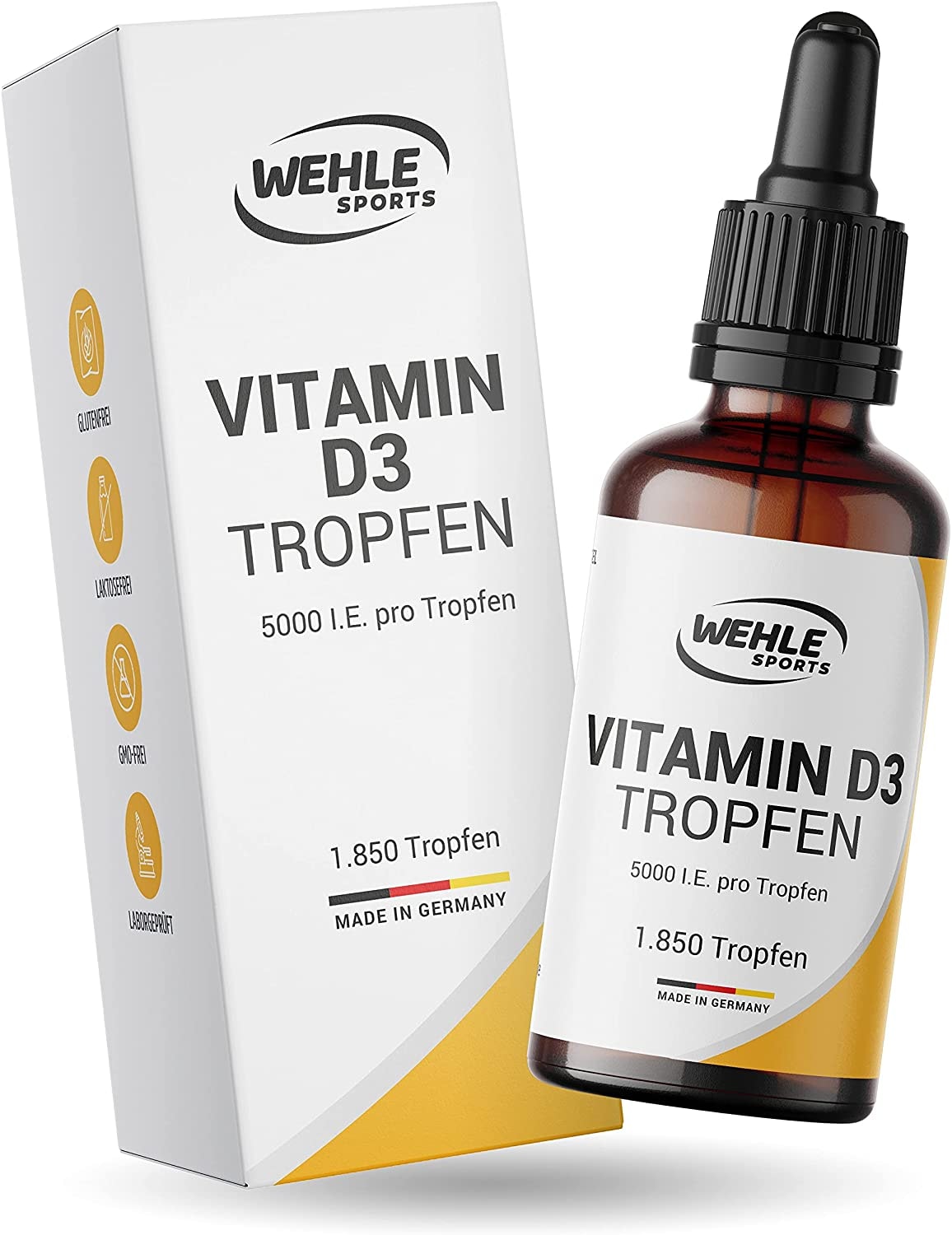 Wehle Sports Vitamin D3 Laborgeprüfte 5000 IE pro Tropfen hochdosiert Vergleichs-Sieger 2019-2021 - Hoch bioverfügbares Vitamin D flüssig 50ml (1850 Tropfen) mit MCT-Öl aus Kokos