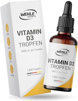 Produktbild von Wehle Sports Vitamin D3 Laborgeprüfte 5000 IE pro Tropfen hochdosiert Vergleichs-Sieger 2019-2021 - Hoch bioverfügbares Vitamin D flüssig 50ml (1850 Tropfen) mit MCT-Öl aus Kokos