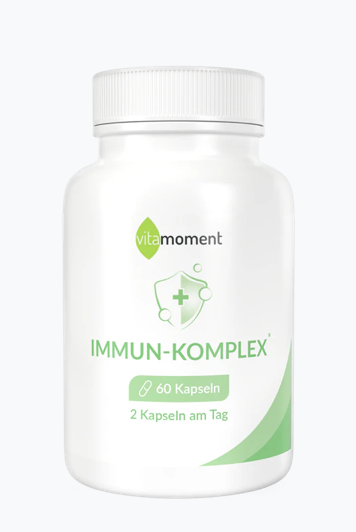 Produktbild von Immun-Komplex Kapseln laut supplemento.de Bewertung der vitamoment Immun-Komplex Kapseln mit Vitamin C Zink Heilpflanzen Ashwagandha Curcumin Immunsystem