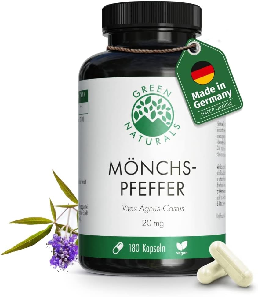 Produktbild von Bewertung GREEN NATURALS Mönchspfeffer Extrakt Kapseln bei PMS Menstruationsbeschwerden Mönchspfeffer 5 zu 1 doppelte Tagesmenge 20 mg je Kapsel 180 Kapseln ohne Zusätze vegan