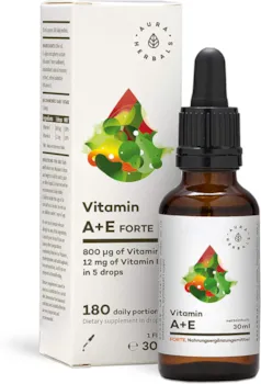 AURA HERBALS Vitamin A E Forte 900 Tropfen Flüssig 30ml Natürliche Vitamin E Vegan Einfache Komposition Ohne Zusatzstoffe - Hochdosiert - Hohe Bioverfügbarkeit - In Olivenöl