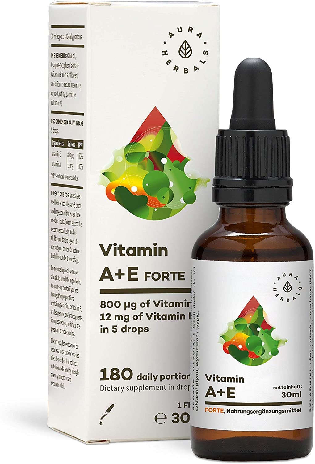 Produktbild von AURA HERBALS Vitamin A E Forte 900 Tropfen Flüssig 30ml Natürliche Vitamin E Vegan Einfache Komposition Ohne Zusatzstoffe - Hochdosiert - Hohe Bioverfügbarkeit - In Olivenöl
