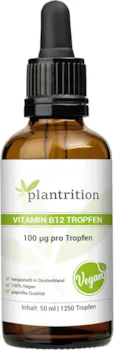 Produktbild von Bewertung plantrition Vitamin B12 Tropfen 1250 Tropfen je 100µg Beide Aktivformen Methyl- & Adenosylcobalamin ohne Alkohol vegan hergestellt in DE 50ml