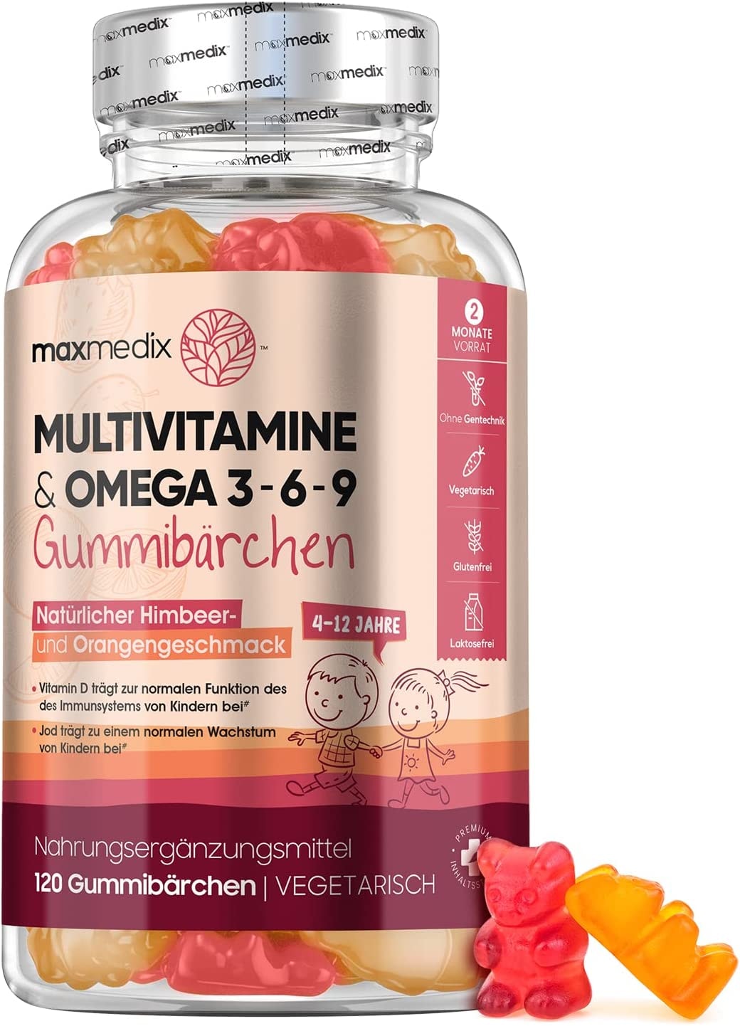 Produktbild von MaxMedix - Multivitamin Gummibärchen für Kinder - Mit Omega 3, 6, 9, Jod & Zink - 120 Vitamin Gummies - Vitamin C, D3, B - Vegetarisch & Geprüfte Inhaltsstoffe - Ohne Gelatine & Zusatzstoffe - Von MaxMedix