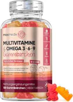 Produktbild von MaxMedix - Multivitamin Gummibärchen für Kinder - Mit Omega 3, 6, 9, Jod & Zink - 120 Vitamin Gummies - Vitamin C, D3, B - Vegetarisch & Geprüfte Inhaltsstoffe - Ohne Gelatine & Zusatzstoffe - Von MaxMedix