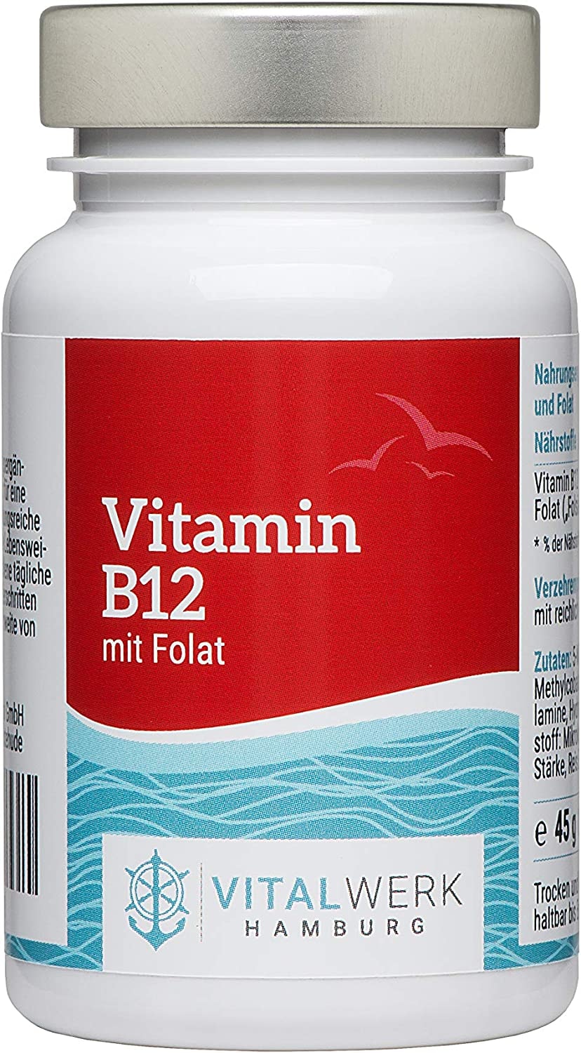 Produktbild von Bewertung VITALWERK HAMBURG® Vitamin B12 mit Folat 180 vegane Tabletten mit 1.000 µg Adenosyl- & Methylcobalamin + Depot + 400 µg Folsäure als 5-MTHF pro Tablette. 1/2 Tablette pro Tag