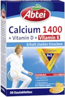 Abtei Calcium 1400 + D + K - hochdosiert - Mit Vitamin D und Vitamin K - Zum Erhalt gesunder Knochen und Muskelfuktion - Orangengeschmack, 30 Kautabletten