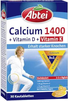 Produktbild von Abtei Calcium 1400 + D + K - hochdosiert - Mit Vitamin D und Vitamin K - Zum Erhalt gesunder Knochen und Muskelfuktion - Orangengeschmack, 30 Kautabletten