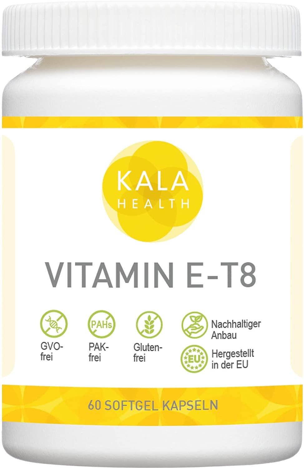 Produktbild von Kala Health Vitamin E Kapseln Hochdosiert - 60 Vitamin E8 T8 Nahrungsergänzungsmittel Antioxidantien Vitamin Tabletten für Haar, Haut & Anti-Aging - GMO-frei & PAK-frei - Hergestellt in der EU