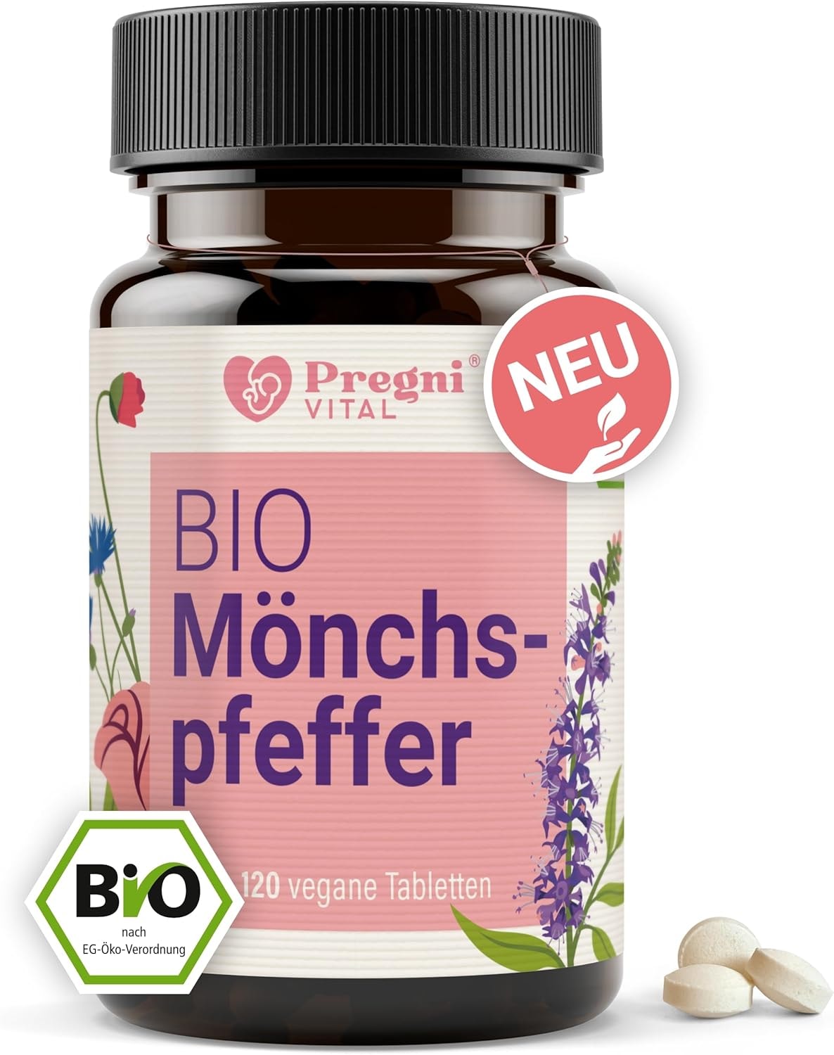 Produktbild von Bewertung PregniVital BIO Mönchspfeffer hochdosiert 10mg beliebtes Frauenkraut bei PMS Menstruationsbeschwerden 120 Mini-Tabletten mit BIO Mönchspfeffer Extrakt aus Frankreich