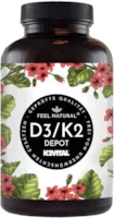 Produktbild von Feel Natural Vitamin D3 + K2 Tabletten - 180 Stück - Hochdosiert mit 5000 I.E. Vitamin D3 und 100 mcg Vitamin K2 pro EINER Tablette - Hochwertig: 99,7+% All-Trans MK7 (K2VITAL®) - in Deutschland produziert