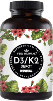Produktbild von Feel Natural Vitamin D3 + K2 Tabletten - 180 Stück - Hochdosiert mit 5000 I.E. Vitamin D3 und 100 mcg Vitamin K2 pro EINER Tablette - Hochwertig: 99,7+% All-Trans MK7 (K2VITAL®) - in Deutschland produziert