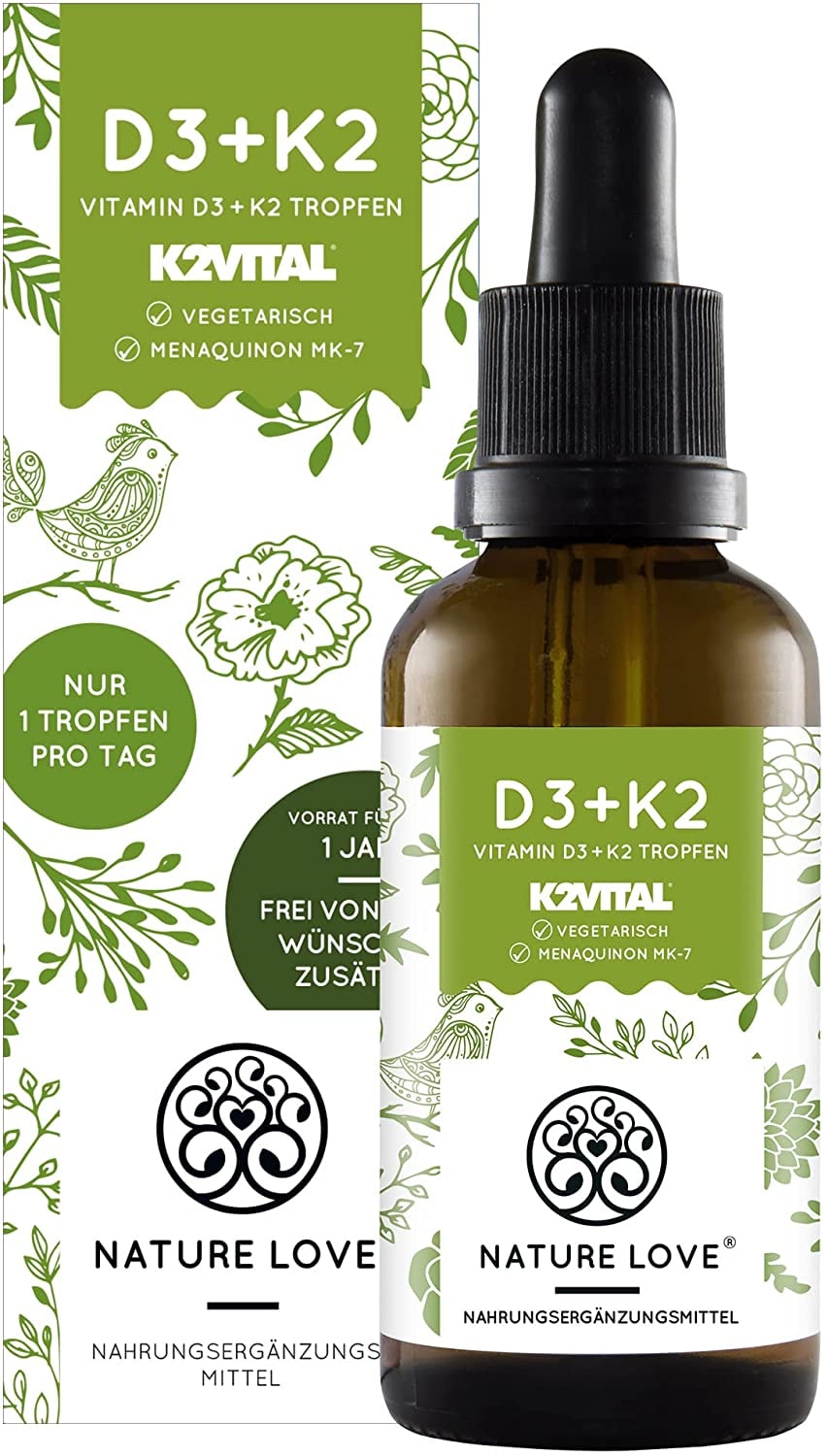 Produktbild von NATURE LOVE Vitamin D3+K2 (50ml flüssig) Hoch bioverfügbar durch Original K2VITAL® 99,7% All-Trans + laborgeprüfte 1000 I.E. Vitamin D3 pro Tropfen - Hochdosiert, in Deutschland produziert